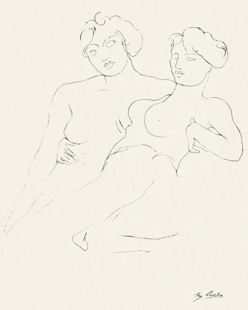 Women Embracing, Vintage Illustration, Two Figures by Auguste Rodin